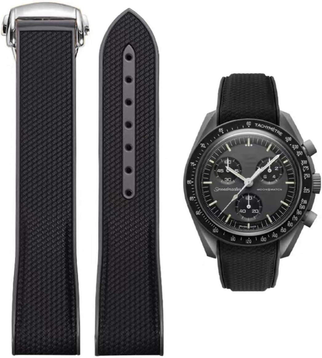 Bands for Moonswatch Watch,Curved End Rubber Watch Strap Deployment Buckle Compatible with Omega X Swatch Moonswatch Speedmaster Watch Replacement Band for Men Women