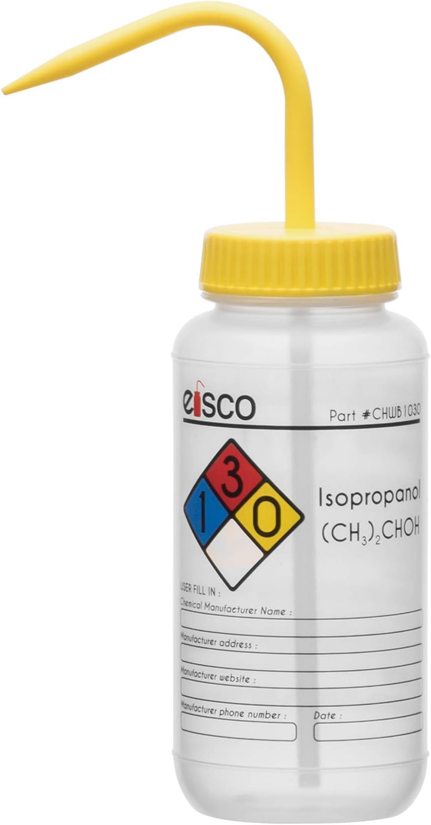 EISCO Wash Bottle for Isopropanol, 500ml - Labeled with Color Coded Chemical & Safety Information (4 Colors) - Wide Mouth, Self Venting, Low Density Polyethylene Labs