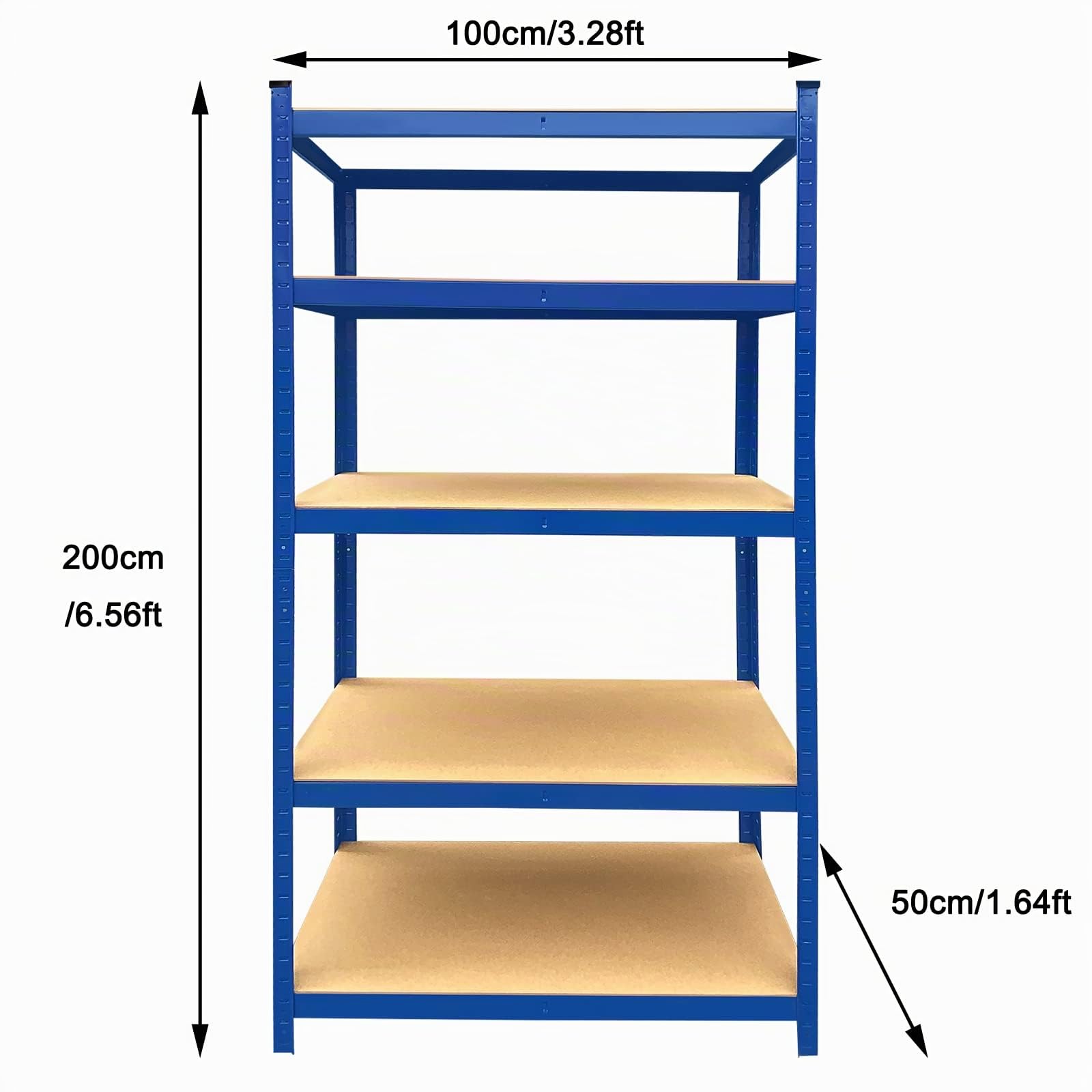 Scaffale in metallo blu, 200 x 100 x 50 cm (altezza x larghezza x profondità), unità a 5 strati, acciaio e MDF, componenti senza viti, scaffale per garage, ripiano regolabile, capacità totale 875 kg