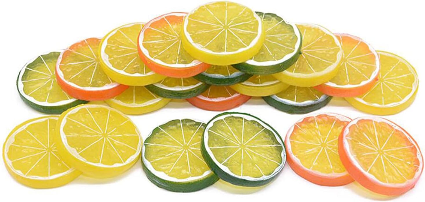 CiCy 30 Pieces Simulation Lemon Slices Plastic Lifelike Fake Fruit Model Artificial Lemon Props for Party Kitchen Wedding Decoration Photography Props, Orange, Green and Yellow
