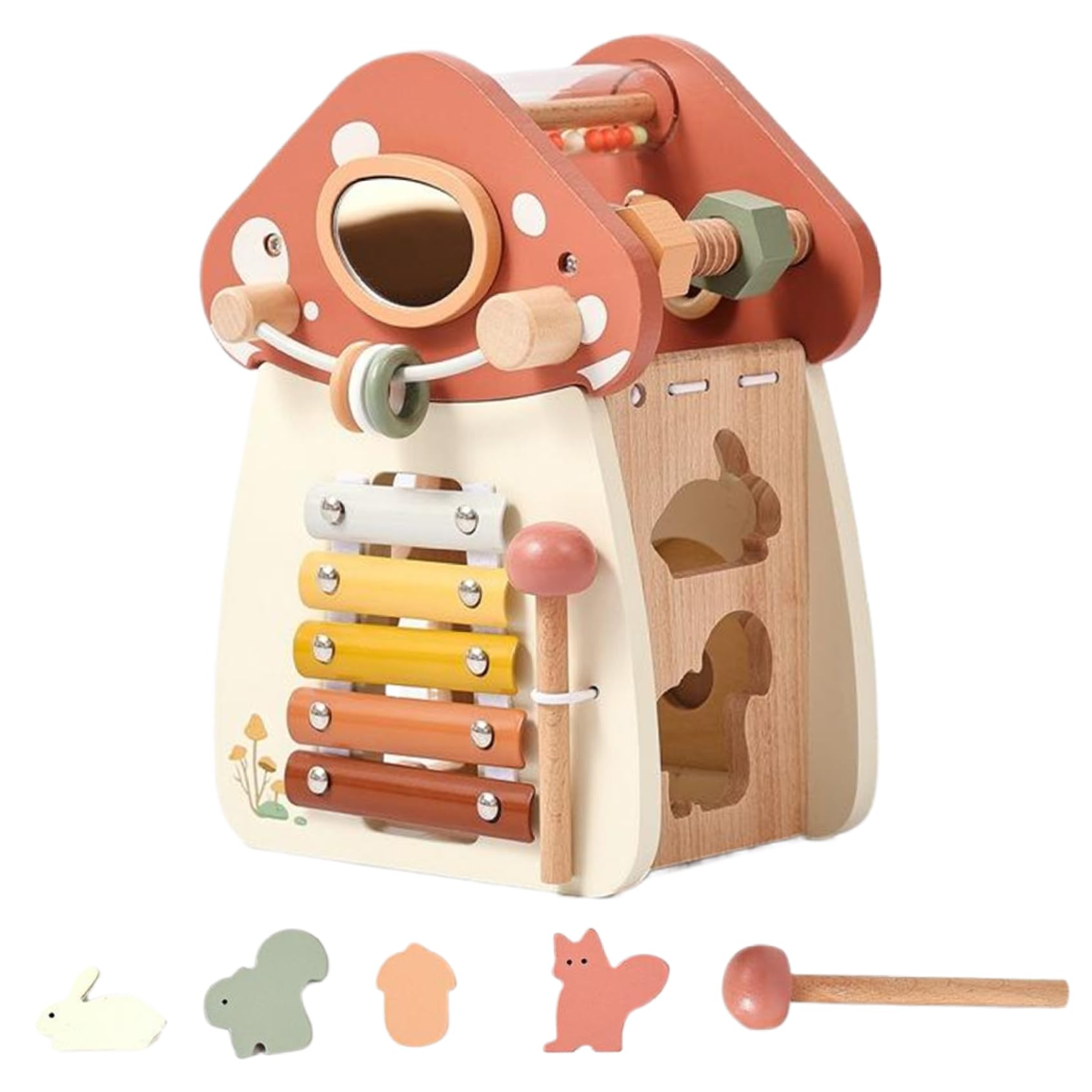 Cubo di attività per Bambini, Giocattoli per Bambini in Legno 5 in 1 a Forma di Fungo, selezionatore di Forme per l'apprendimento educativo per, Compleanno