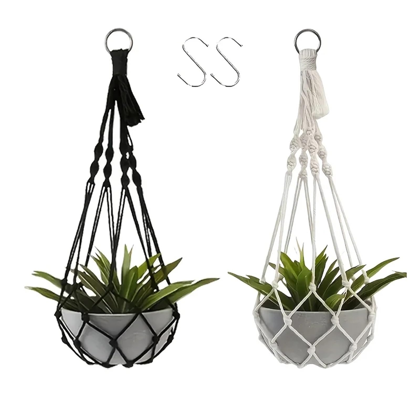 Appendini per Piante Macramè 2 ganci for piante, supporto in macramè con gancio for decorazioni da giardino for interni ed esterni(2pcs white and black)