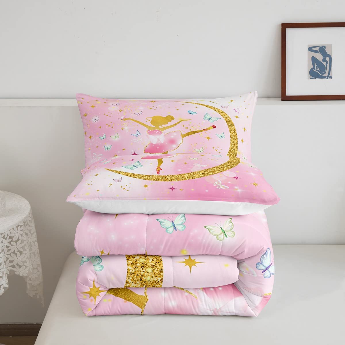 Set di biancheria dada balletto per e, ballerino, piumino, set da palestra, ginnastica, piumino, set Trapunta con brillantini, con farfalle, ultra morbido, colore: rosa, 3 pezzi