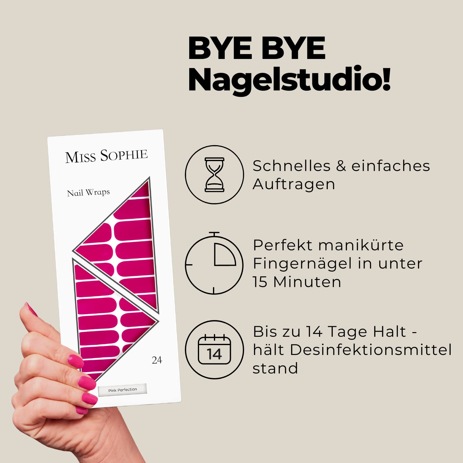Miss Sophie Pellicola per unghie - "Pink Perfection", Tinta unita, Rosa, Nail Wraps -24 pellicole per unghie autoadesive ultrasottili a lunga durata