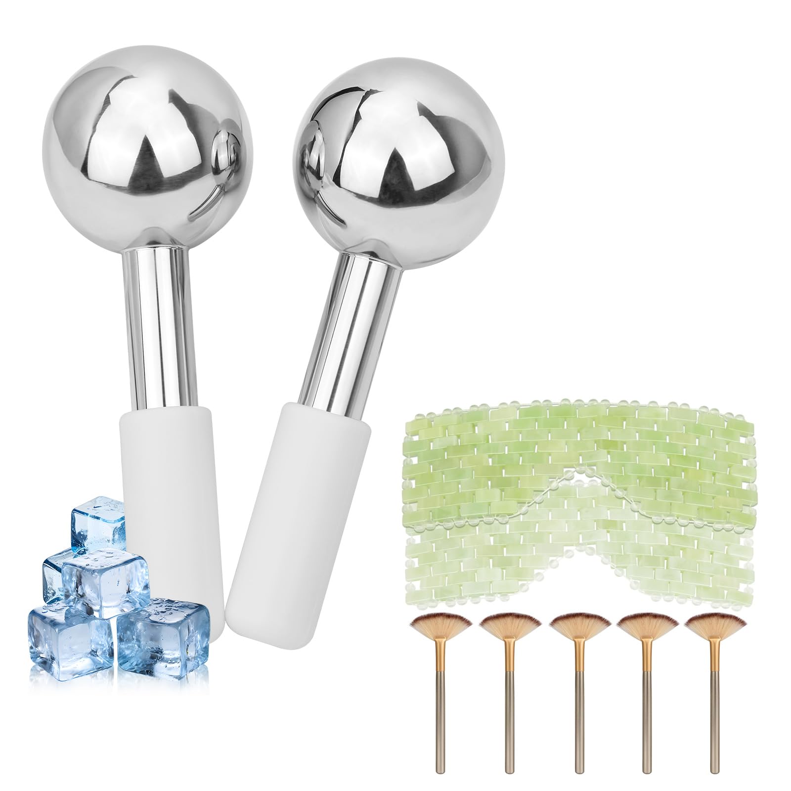 Ice Globes for Face & Eyes 2Pcs Jade Eye Mask & 5 Pieces Facial Fan Mask Brush