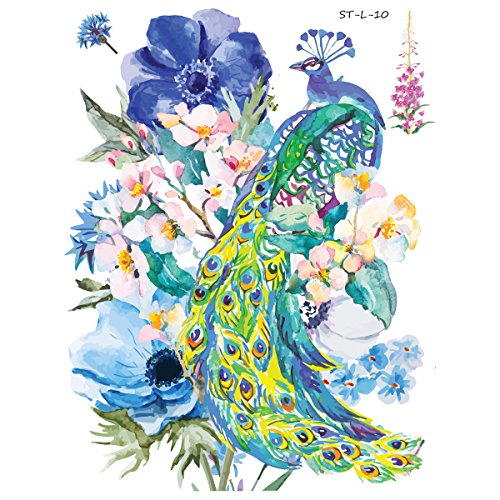 Supperb® Temporary Tattoos - Watercolor Dream Of Peacock & Blue Flowers #TOP1