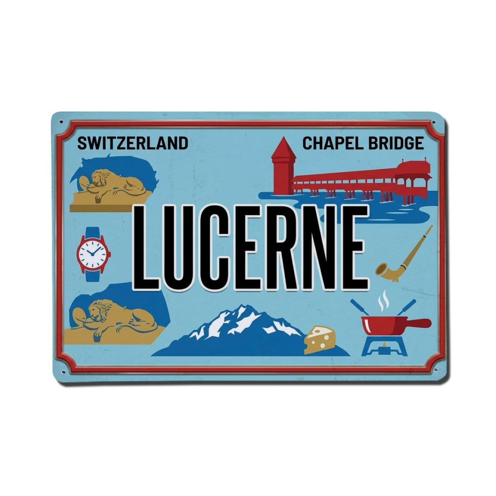 Xanthor Style Vintage Travel Lucerne Switzerland Bridge Lion Metal Tin Sign