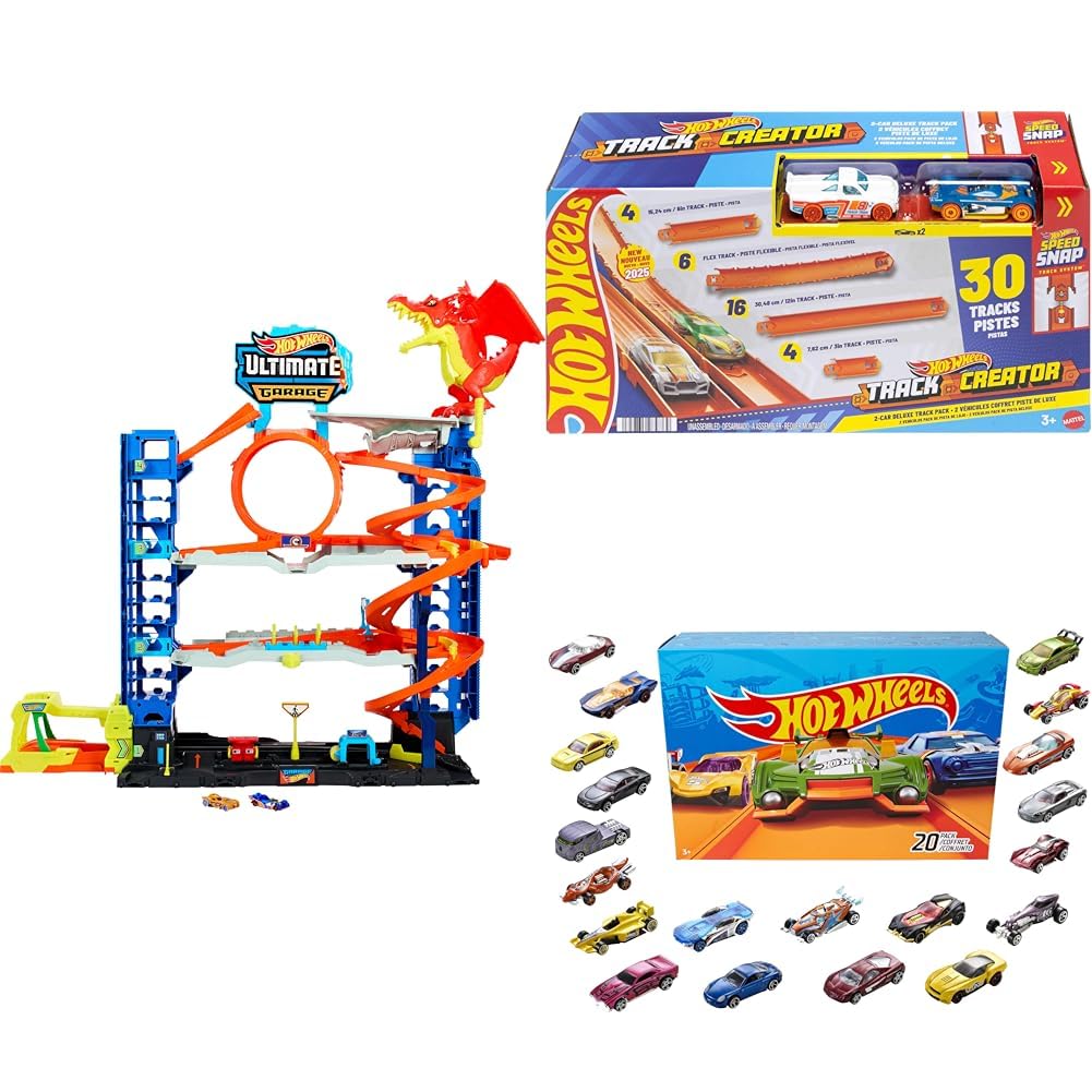 Bundle of Hot Wheels City Ultimate Garage, Stores 50+ Vehicles + Track Creator Deluxe Pack, 25 Feet of Track + Set of 20 Vehicles (Styles May Vary) (Amazon Exclusive)