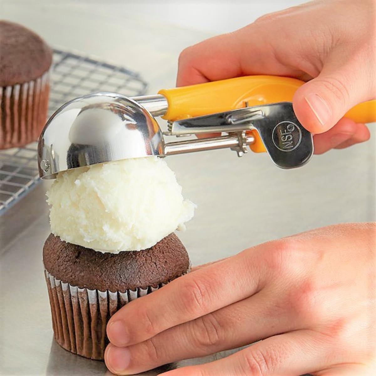 TrueCraftware- 1-5/8 oz Lever Disher #20 Stainless Steel with Yellow Color Ergo Handle- Ice Cream Cookie Scooper for Baking Cookie Scoops Portion Control Scoop Cupcake Batter Ice Cream Frozen Yogurt