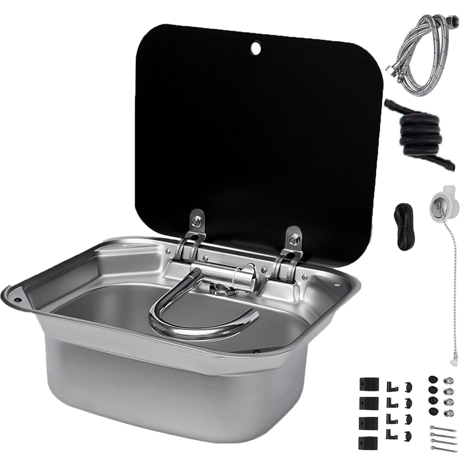 Fregadero de Cocina para Autocaravana con Grifo Plegable, Fregadero de Cocina Bajo Encimera de Acero Inoxidable 304 con Tapa, para Caravana, Remolque o Autocaravana