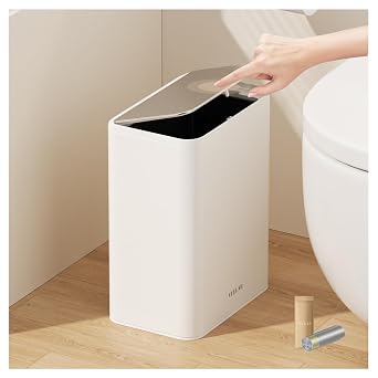 Bedroom Office Bathroom Trash Can - Stainless Steel Garbage Bin with Lid Top Press, Recycling Bin for Home Decor White, 2.65 Gallon / 10L
