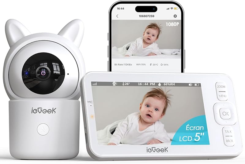 ieGeek 1080P/ 5 Babyphone Caméra,PTZ 355° Baby Phone Vidéo connecté Smartphone, Visiophone avec Ale