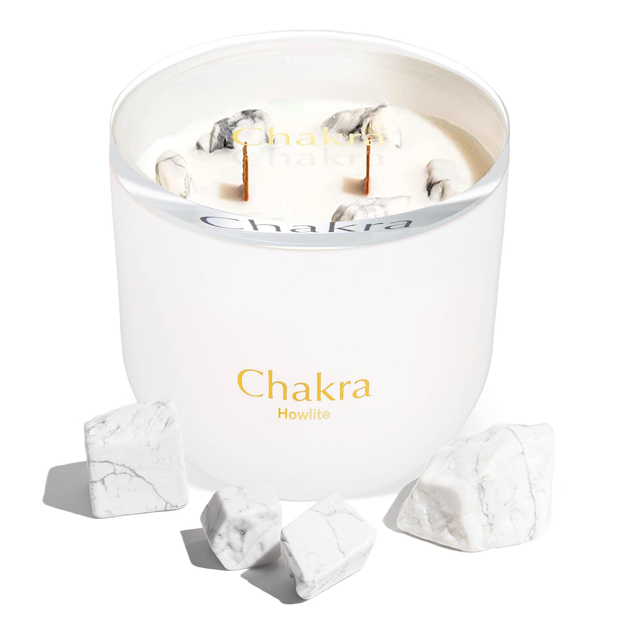 Hidden Label 12oz Howlite Quartz Coconut Lime Crystal Candle, 2 Wood Wicks Scented Crackling Candles, Chakra Collection Meditation Healing Candles with Crystals Inside