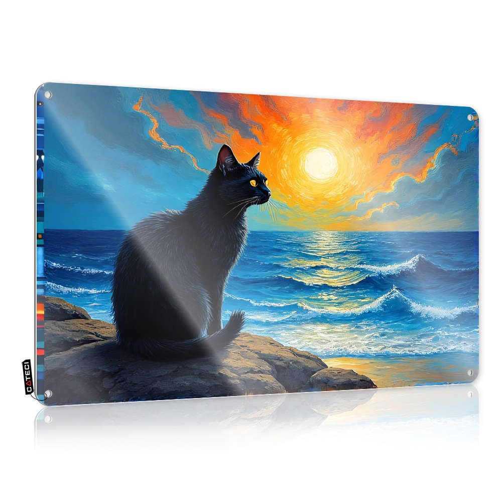 Sujd Colour A Black Cat Sits On Rocks, Gazing At A Vibrant Sunset Over The Ocean. Scandinavian Plaques | Artwork Vintage Style Custom Clearance Decoration Easy Hang(20X30cm)