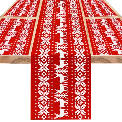 DPKOW Camino de Mesa Navideño Manteles Individuales Rojo, Mesa de decoración navideña Camino de Mesa Alce Navidad manteles Individuales de Tela Lavable, Decoración de Fiesta navideña en casa