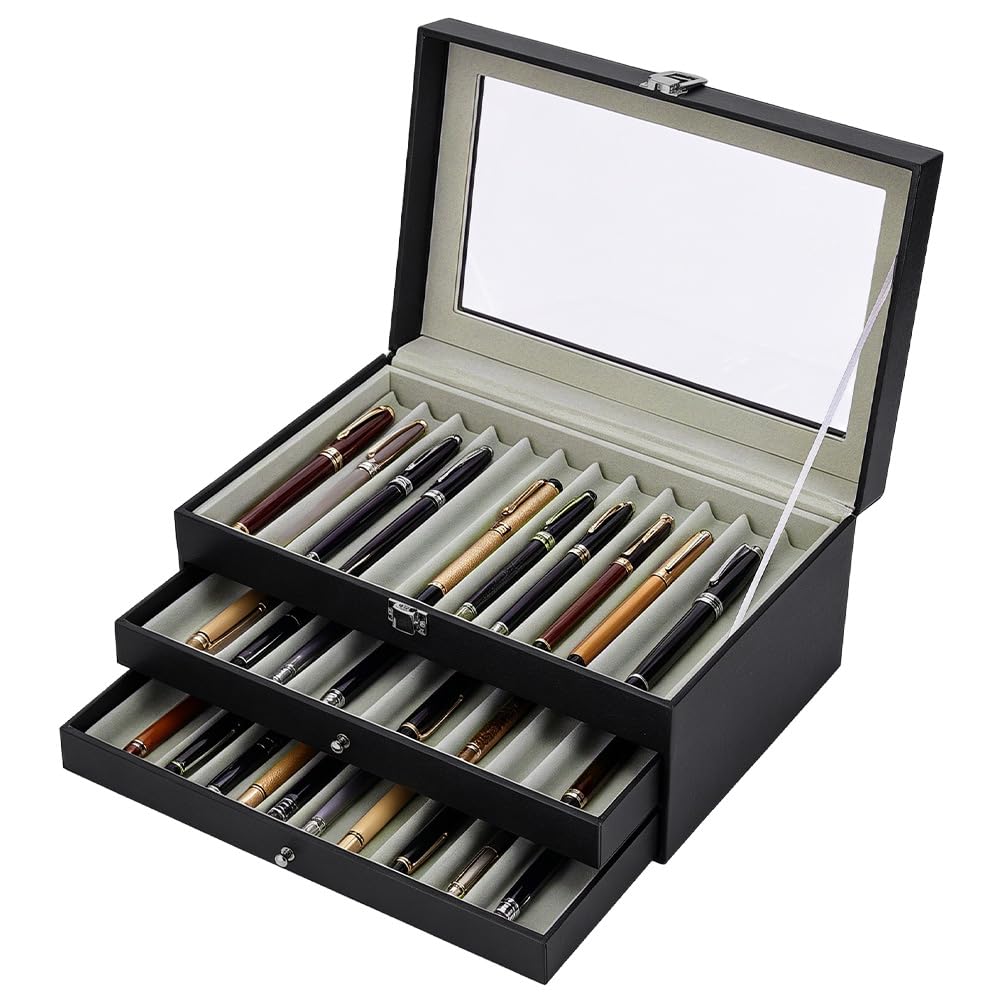 PH PandaHall 3 Schicht Schwarz Stift Anzeige Koffer, 36 Slot Leder Füllfederhalter Organizer Box mit Glas Fenster Stiftbox für Geburtstag Geschenk Sammler Lagerung Geschäft Zuhause Männer Vater