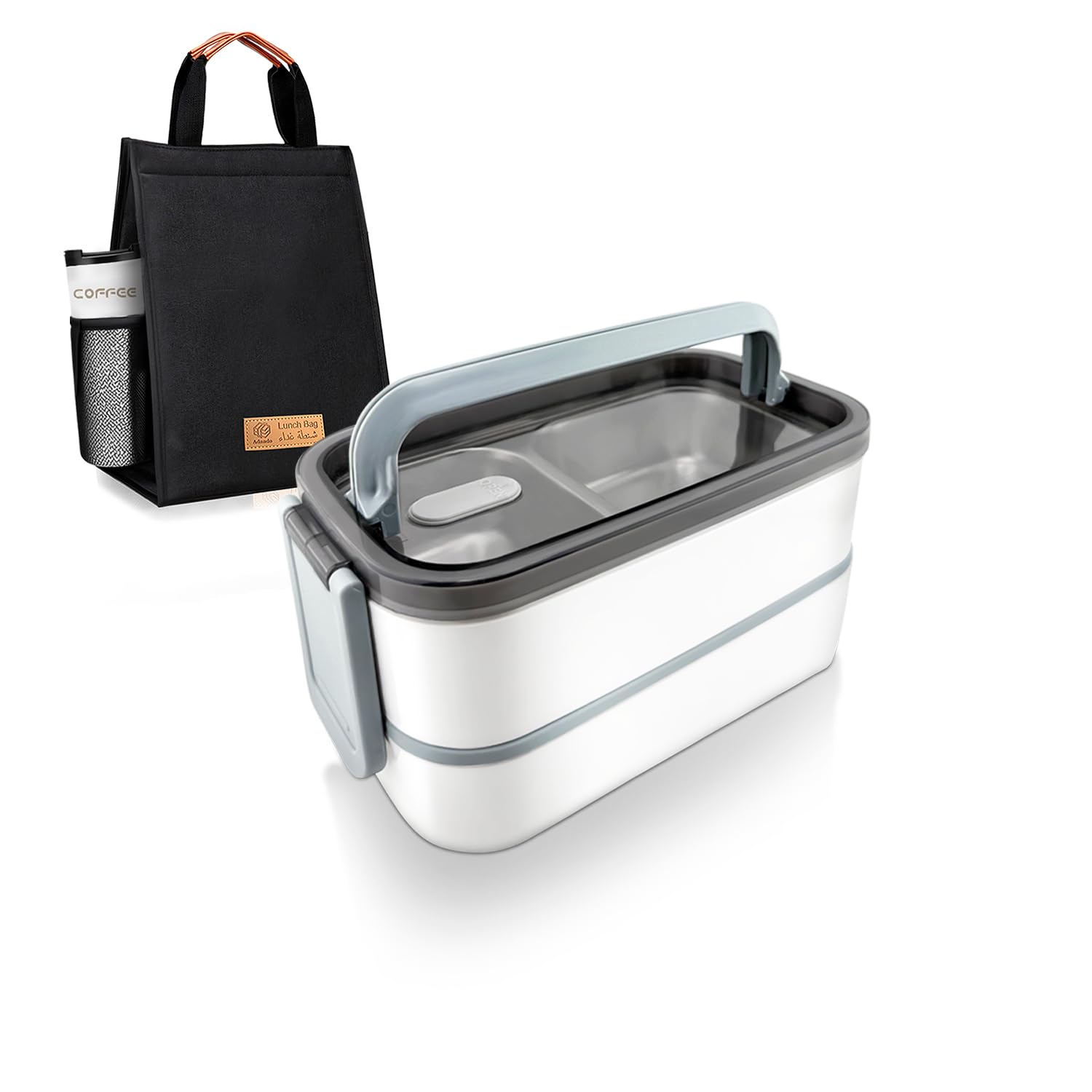 Adando Stainless Steel Lunch Box: 1400ml Double Layer Microwave-Safe Bento Box- 304 Leakproof Bento Box- Thermal Insulation Detachable- for Adults Students Office School- with Thermal Bag & Cutlery