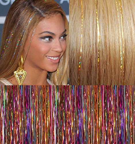 UQinZ 48" Hair Tinsel 310 Strands Holographic Sparkle Silk Bling Extensions Glitter Highlights Streak Clubbing 5colors
