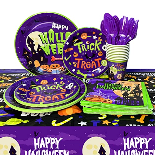 Halloween Party Tableware Set, Purple Green Halloween Party Decorations, Halloween Themed Party Plates and Napkins, Halloween Party Table Decoarations, Halloween Ghost Party Decorations for Kids