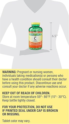 Miniatura 5 de Spring Valley Vitamina C 1000mg con tabletas Rose HIPS Suplemento dietético, 500 unidades, protección antioxidante* (paquete de 1) + adhesivo Vsl