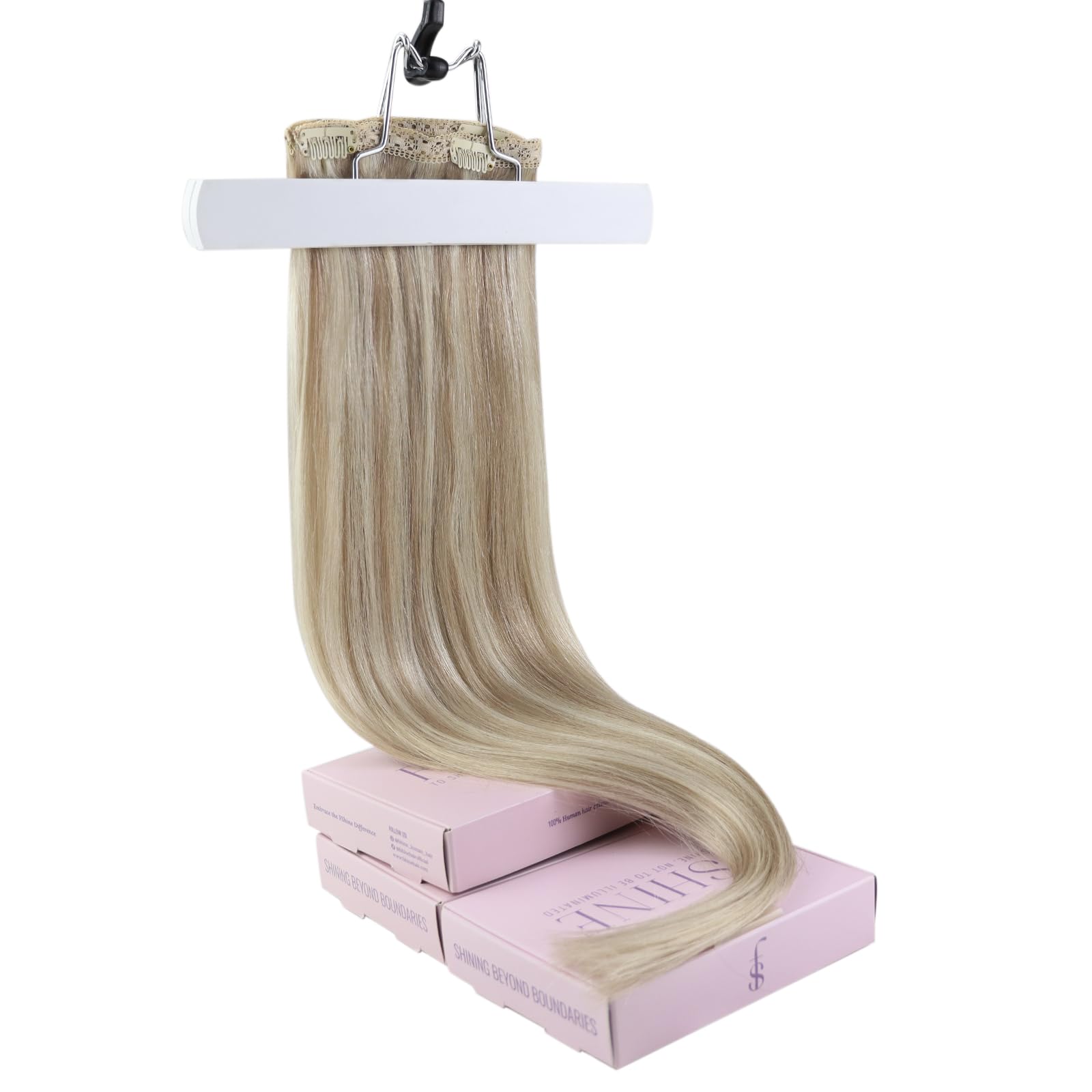 Echthaar Extensions Clip, Aschblond mit Platinblonden Strähnen, 45 cm, 120 g 7 Stücke, Unsichtbares Design, Clip Extensions Echthaar, Farbe 18P613