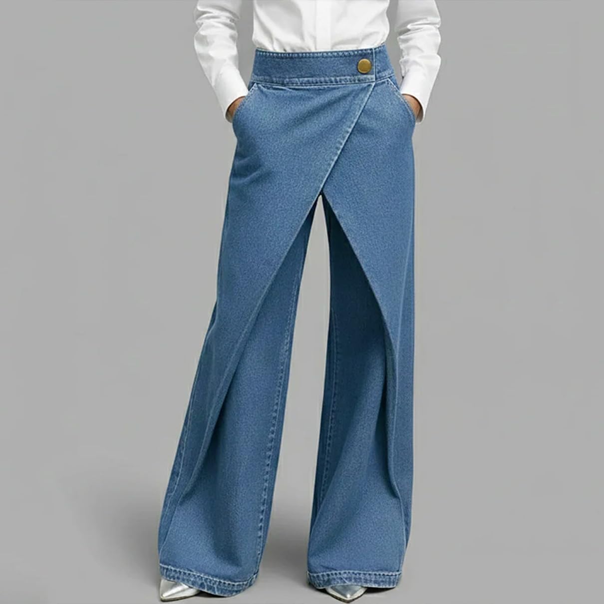 Women's Dreesy Straight Leg Jeans Elegant High Waisted Loose Fit Business Casual Wrap Denim Trousers