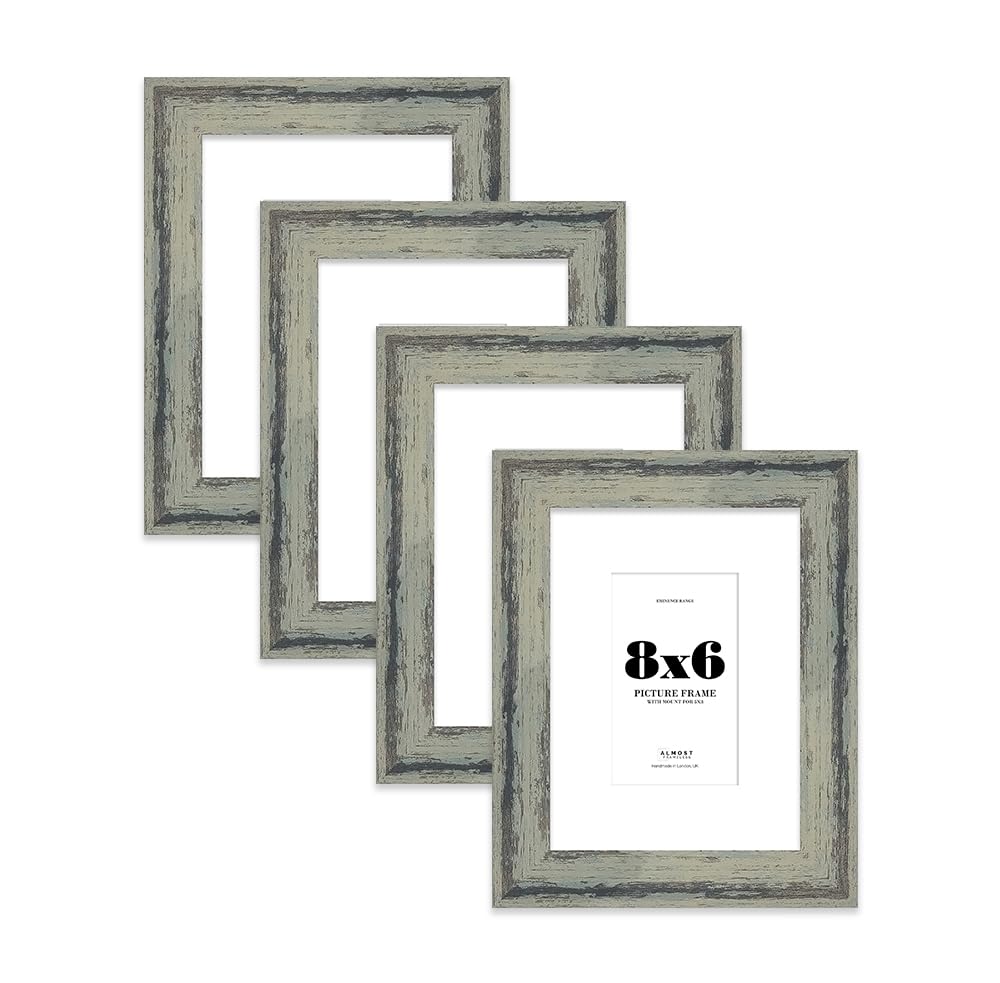 8x6" Distressed Green Picture Frame with 5x3" Mount - Reclaimed Wood Style Photo Frame with Distressed Finish, Wall Hooks and Kickstand, 32mm Edge - 4 Pack