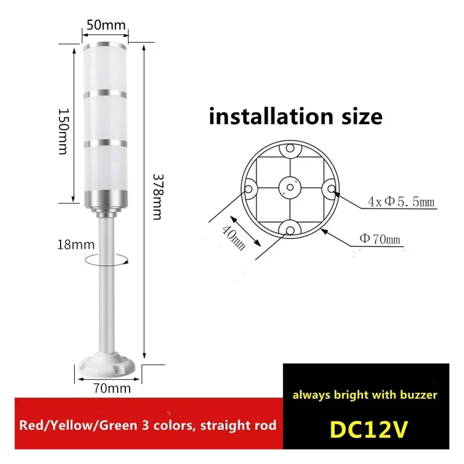 Wielowarstwowa lampa z aluminium, 12 V, ze składanym cokołem typu L, kolumna sygnalizacyjna LED, alarmowa lampa bezpieczeństwa do maszyn (12 V, 3 stosy 3 kolory)