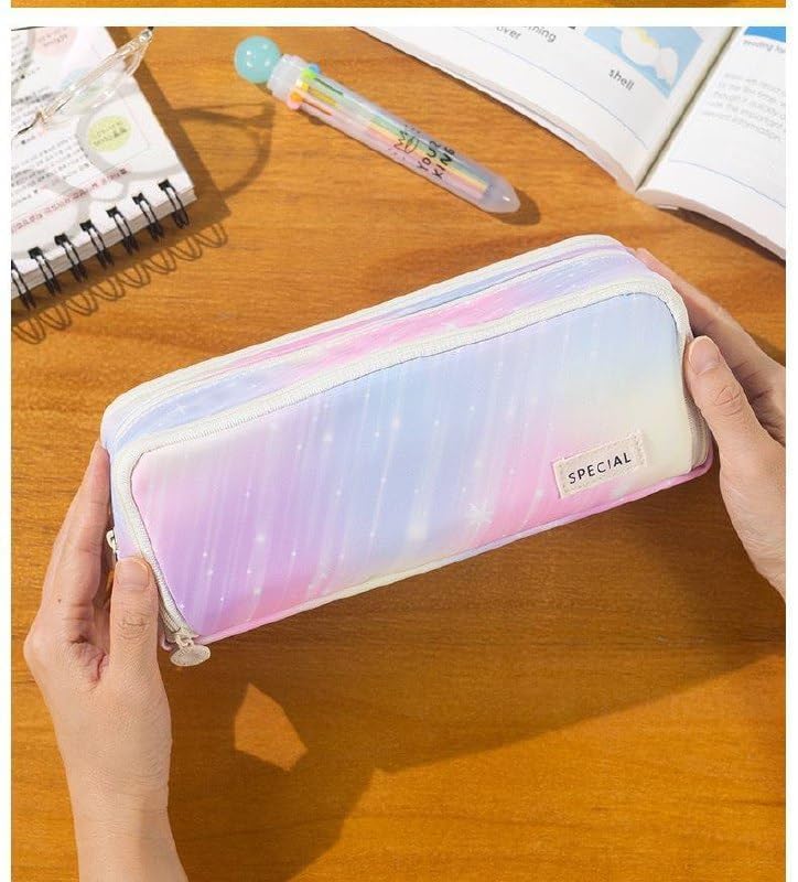 DD RETAILS 3 Compartment Rainbow Special Pencil Pouch || Large Pencil Case with Multiple Compartments || Galaxy Aesthetic Print Pencil Case for Kids & College Students (Pack of 1) (Pink) 1