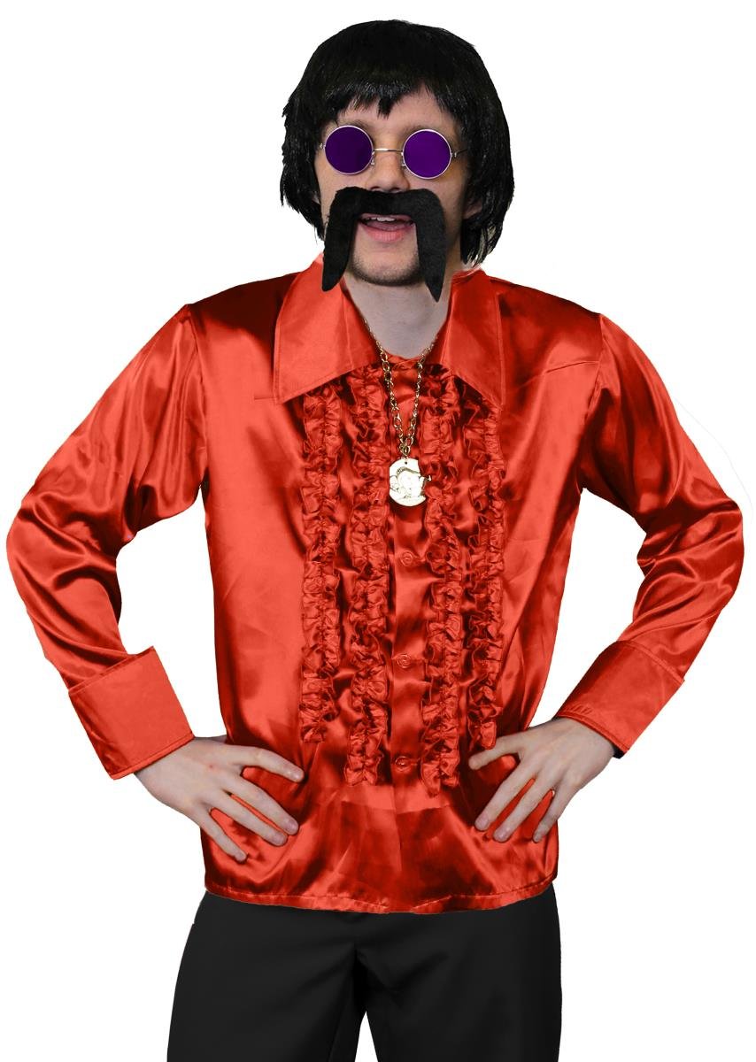 Mens 70s Disco Fancy Dress Costume - Mens Short Black Wig, Red Disco Shirt, Gold Medallion, Purple Glasses + Black Moustache - Funky Fancy Dress Costume - Red Shirt (X-large)
