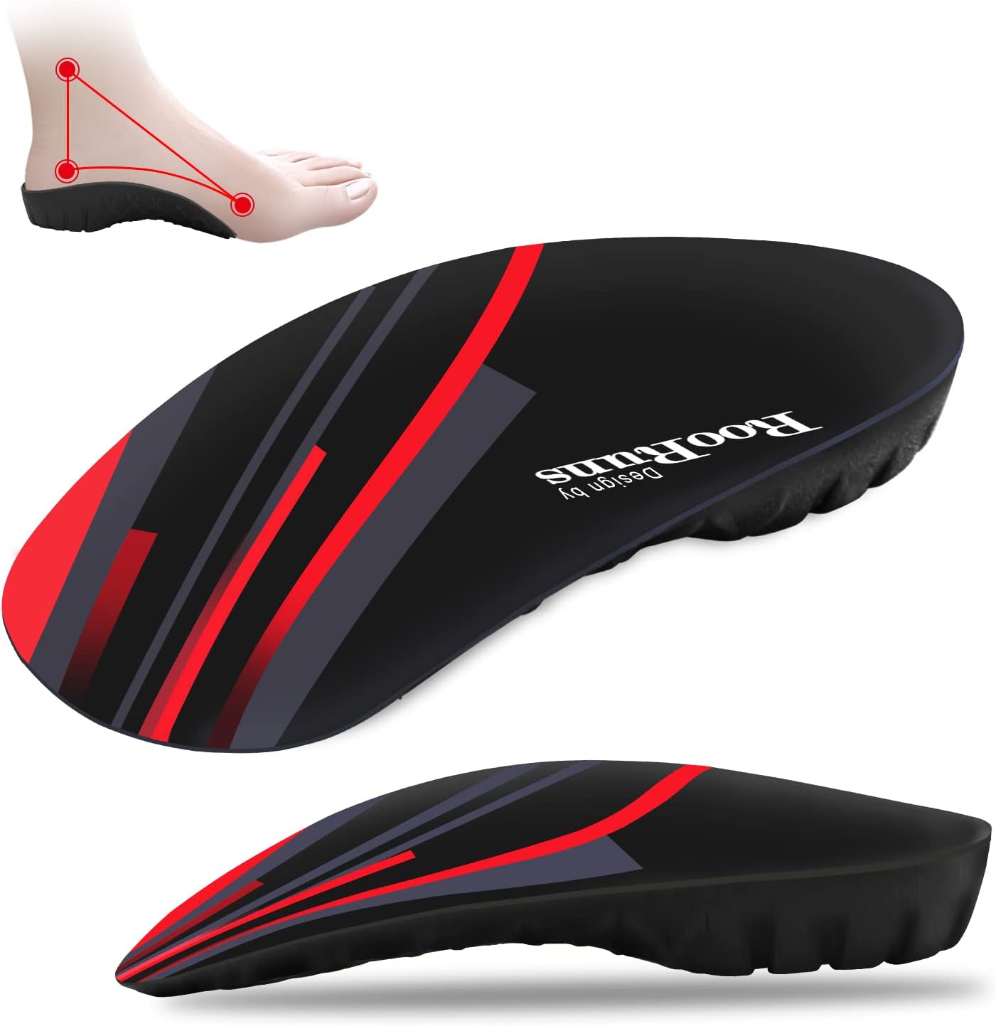 Arch Support, 330+ lbs Plantar Fasciitis Insoles, 3/4 Length Orthotic Inserts for Women & Men Heel Pain, Flat Feet,Heavy Duty Strong Support Pain Relief for Walking Running Black Red