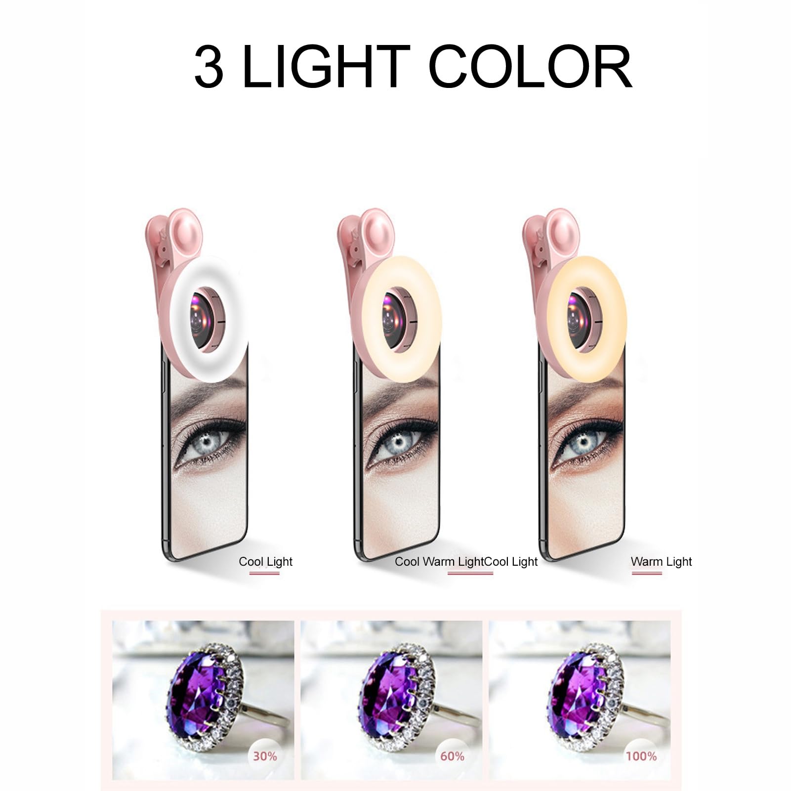 Mobile Phone Macro Lens 3 Color Lights Portable Clip On Macro Lens, for Detail Photography, Rechargeable for Eyelashes Eyebrows Nail Art ()
