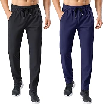 2 Pack Mens Sweatpants Quick Drying Open Bottom Active Athletic Casual Pants Workout Gym Pants with Pockets
