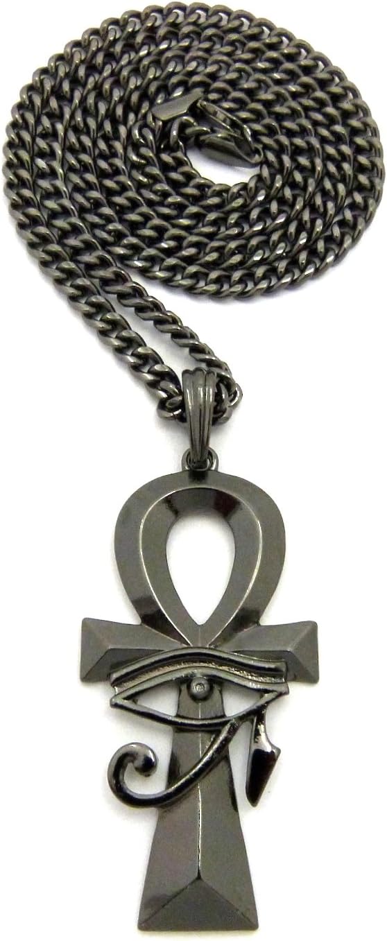 Eye Of Ra Over Ankh Pendant with 24 Inch Cuban Necklace