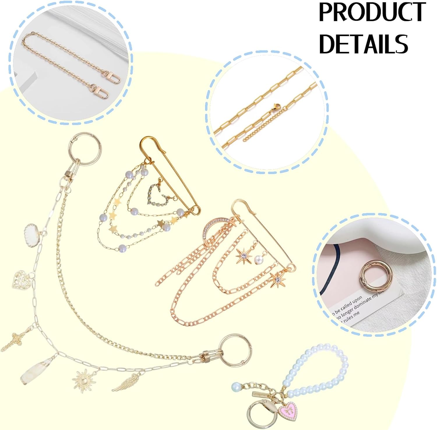 5 in 1 Bag Charms Set, Purse Charms, Pearl Bags Chain, Purse Keychain and Safety Pin, Bag Charm for Handbags, DIY Bags Accessories for Women - Image 3