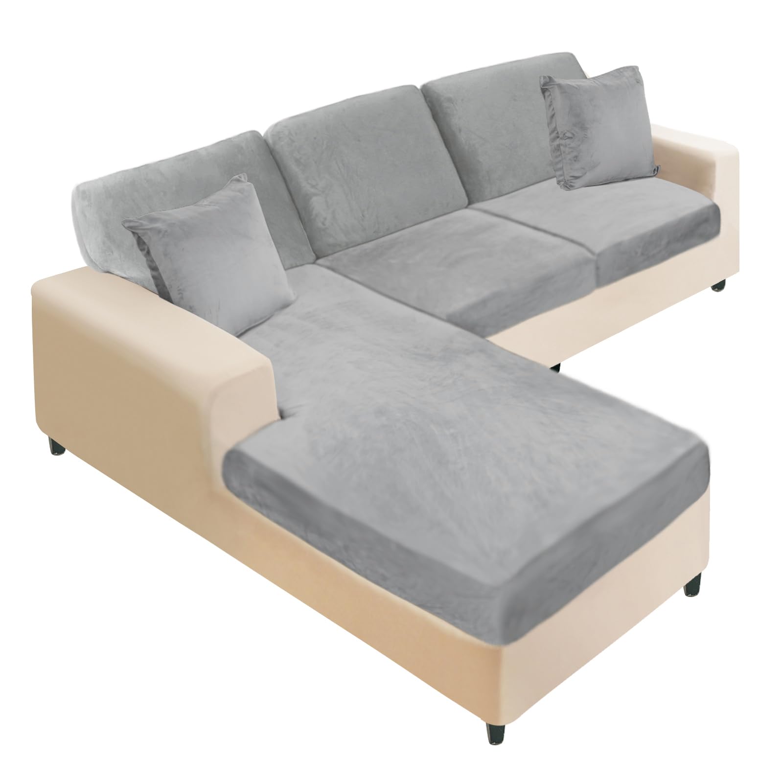 Sectional Couch Covers 6 Pieces Velvet Couch Cushion Covers L Shape Soft Stretch Sofa Slipcovers with 2pcs Pillowcases for Left/Right Chaise Sectional Couch(2 Seater+1 Chaise+3 Back,Light Grey)