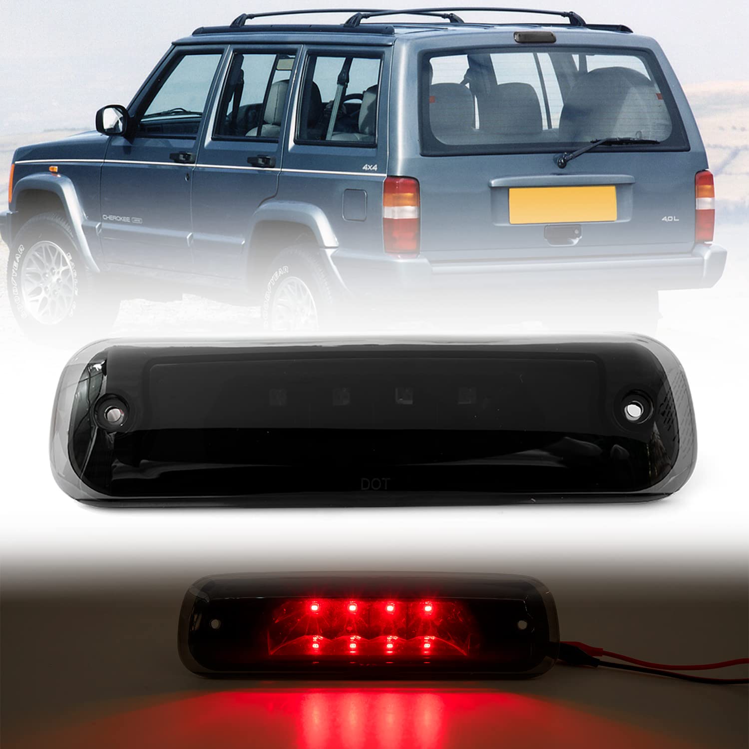 NSLUMO Led Third Brake Light Replacement for J-eep 1997-2001 Cherokee XJ LED 3rd Brake Center High Mount Stop Lamp Smoked Lens Red CHMSL