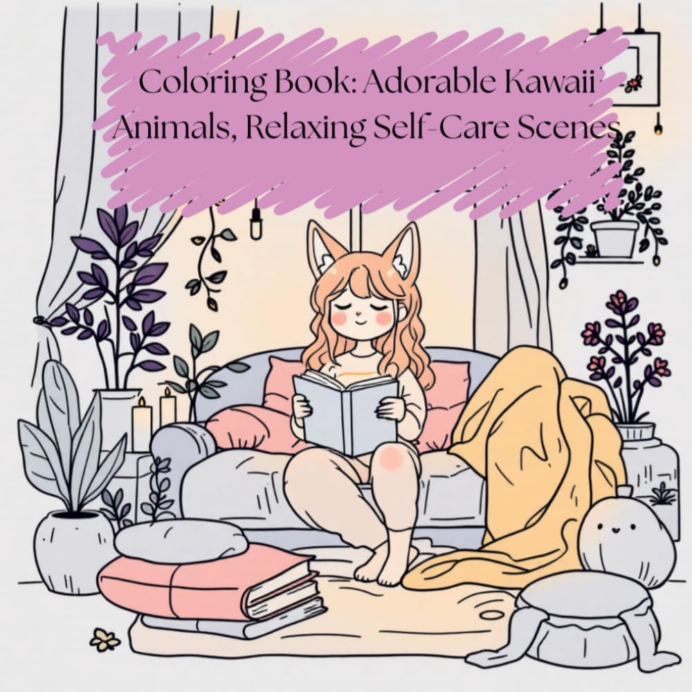 Coloring Book: Adorable Kawaii Animals, Relaxing Self-Care Scenes