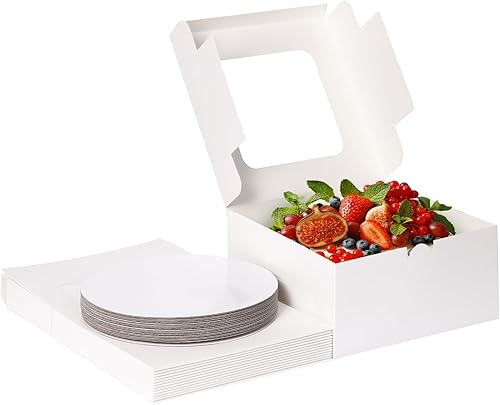 Moretoes 15 juegos de cajas para pasteles, cajas de panadería de 10 x 10 x 5 pulgadas con tablas de pastel, 10 pulgadas con calcomanías, recipientes