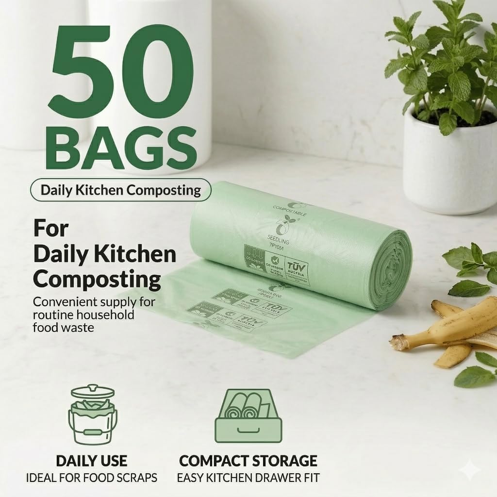 C Crystal Lemon 50 Count Biodegradable Kitchen Food Waste Bags - 6 Gallon Scraps Bags - Heavy Duty Compostable Waste Bags for Kitchen - Unscented Trash Bags 6 Gallon for Yard, Food