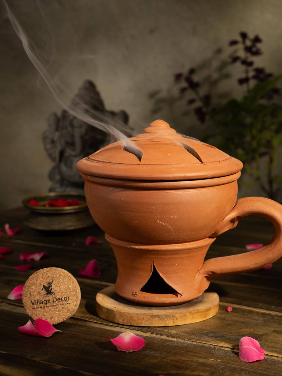 Village Decor Clay Sambrani Holder with lid Brown Color/Incense Holder -Pack 1 Dia :5 inch-image-21