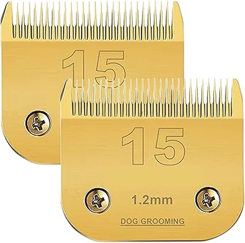 Paquete de 2 cuchillas de corte #15 compatibles con Wahl/Oster Dog Clippers de 3/64 pulgadas de longitud de corte de 0.047 in (dorado)