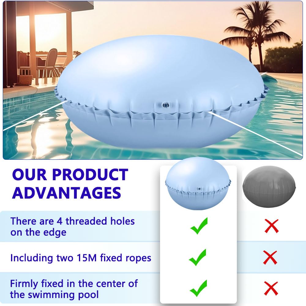 Cojín de piscina de invierno, cojín de piscina redondo XXL 120 x 120 cm, cojín de aire para piscina de invierno, cojín de invierno para piscina con 4 ojales y cuerda de 15 m, cojín de piscina de