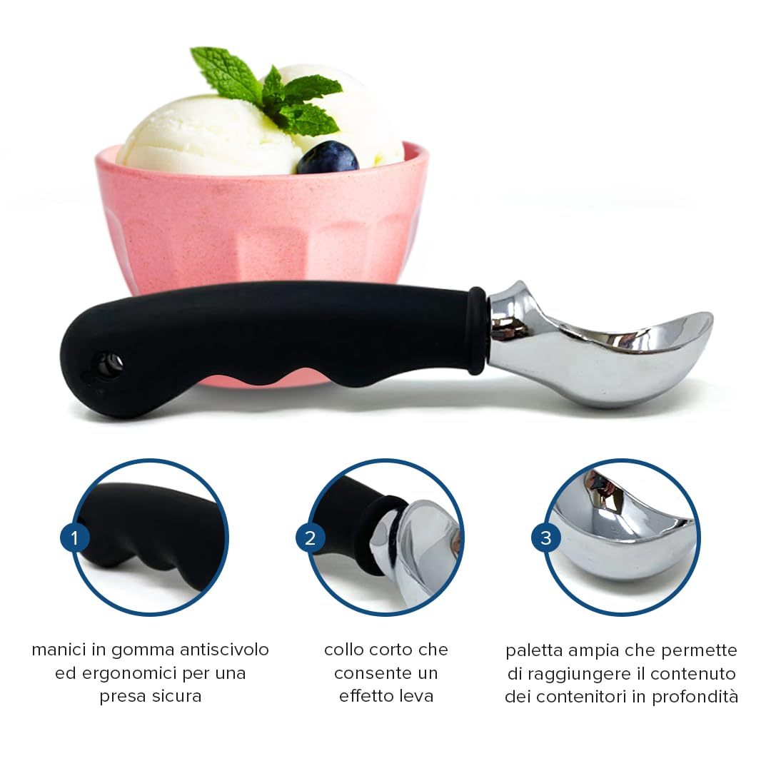Paletta Gelato in Acciaio Inox Cucchiaio Antiscivolo Nero Porzionatore Manuale Multifunzione