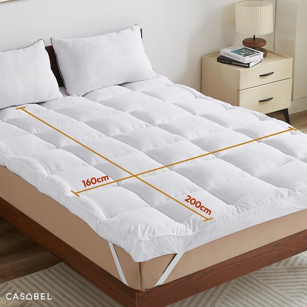 CASABEL Topper de colchón Mullido y Transpirable, 160x200cm, Blanco | Confort mullido, Extra Grueso, 1150g/m², Acolchado de cuadros, Hipoalergénico, Elásticos de sujeción, Lavable a máquina
