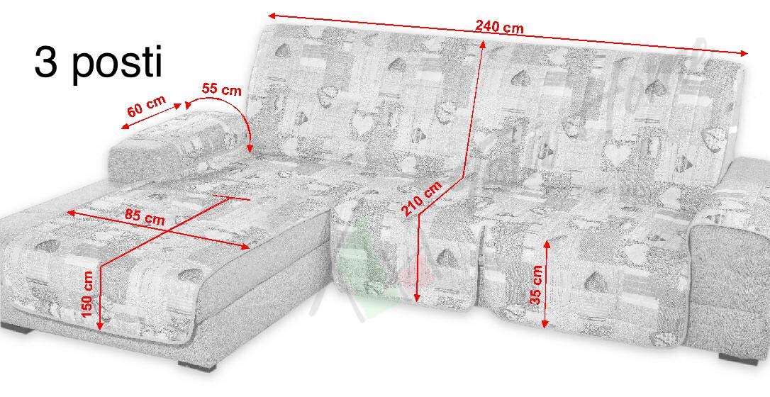 Tata Home Copridivano con Penisola Angolare Reversibile Universale Fantasia a Cuori Misura 3 Posti in Tessuto Trapuntato Imbottito Fronte e Retro Colore Grigio