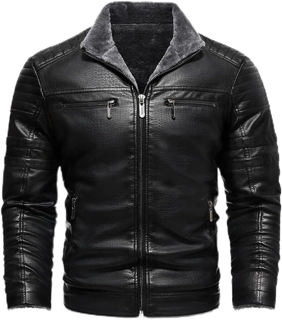 Mens Leather Jackets Autumn Winter Retro Leather Jacket Thickened Faux PU Leather Warm Coat