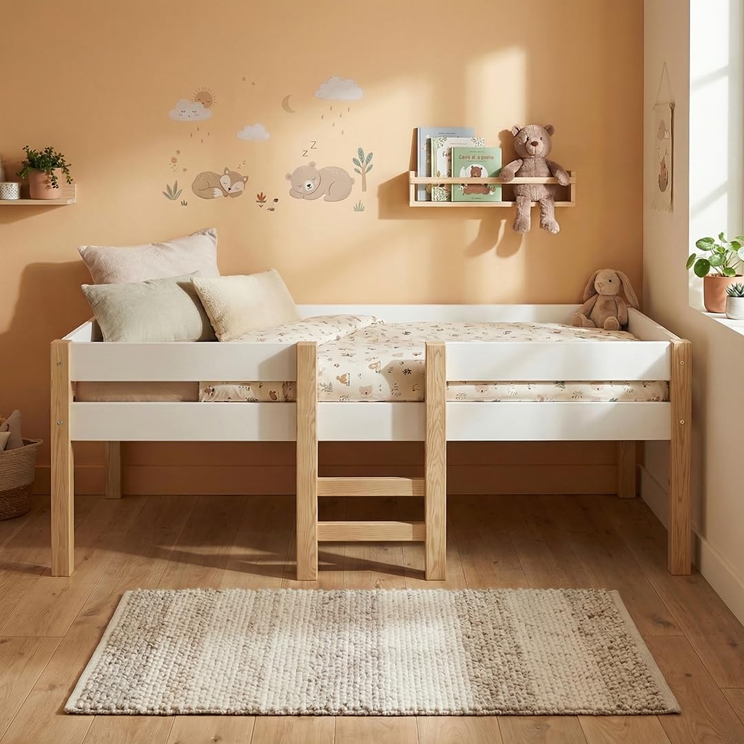 Bellabino Aspy Kinderbett 90x200 cm – Hochbett mit Rausfallschutz & Lattenrost – Halbhochbett mit Leiter aus Kiefer Massivholz in Weiß/Natur – Jugendbett für Jungen und Mädchen