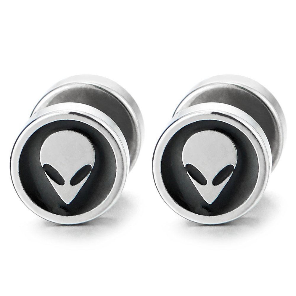 Aretes de acero para hombre y mujer, diseño de calavera de alienígena de 0.315 in, esmalte negro, Acero inoxidable, No es una piedra preciosa