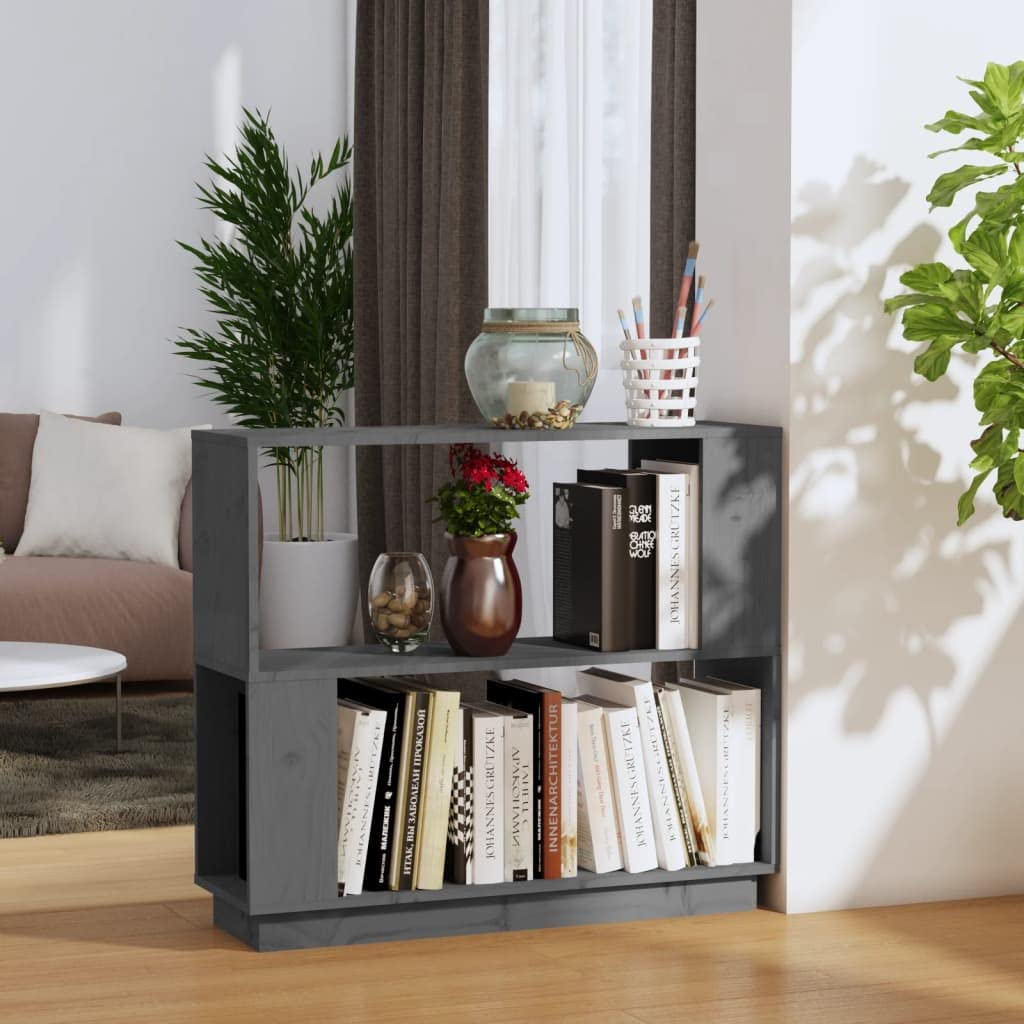 Libreria Divisorio Legno Massello Pino Grigio 80x25x70 cm | Scaffale bifacciale aperto per soggiorno e corridoio, organizza libri e oggetti con finitura in legno massello grigio.